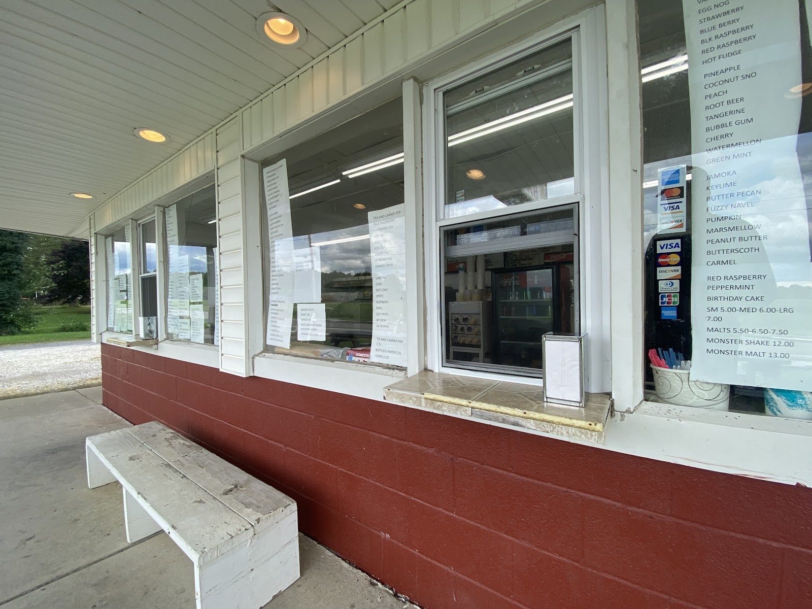 Front of the stand with menus in the windows